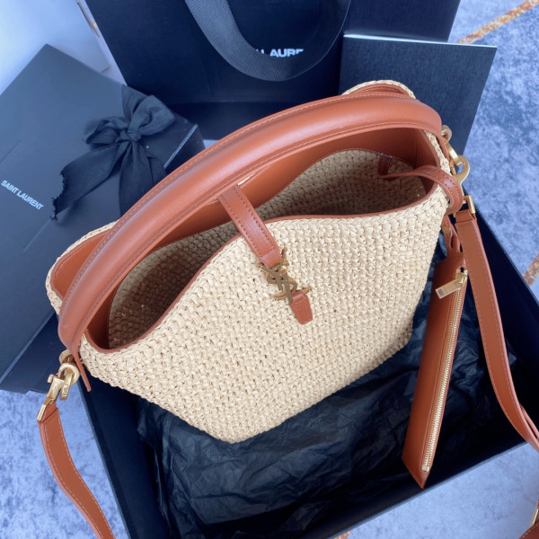 Y*L le 37 leather-trimmed raffia bucket bag-20*25*16cm